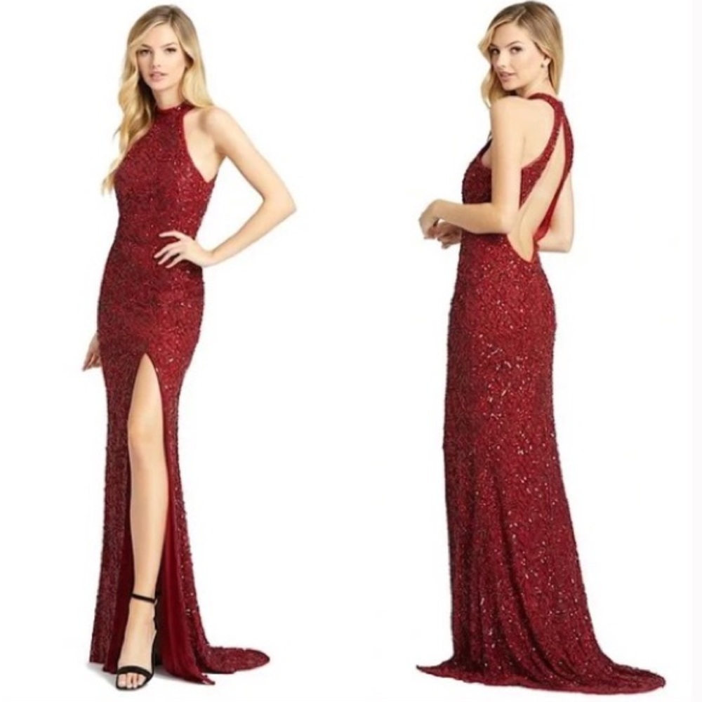 NWT Mac Duggal Beaded Halter Column Gown Garnet 4112